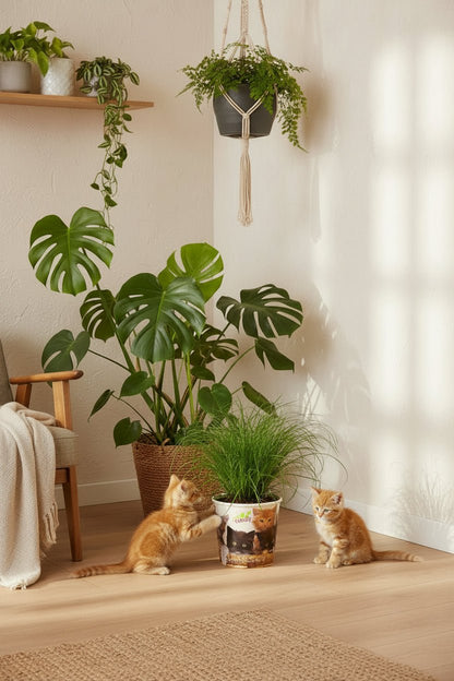 Herba gatera Cyperus Zumula en la seva test amb gatets a terra i altres plantes al voltant