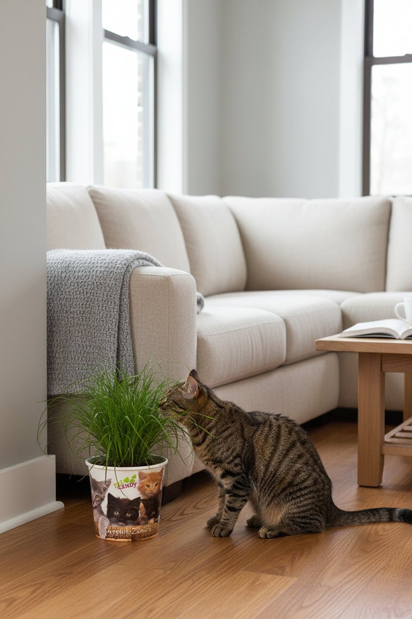 Kattengras Cyperus Zumula in zijn pot met kittens op de grond naast de grijze bank