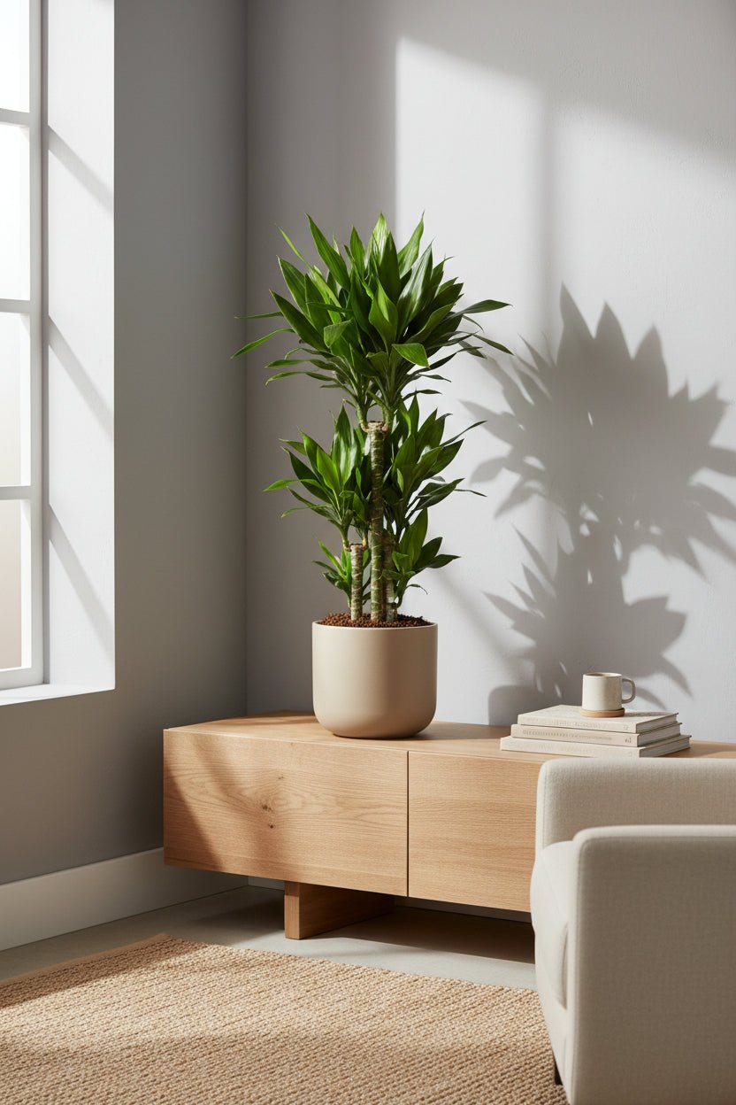 Dracaena Janet Lind, dracena colocada sobre um móvel baixo de madeira na sala de estar, junto à janela