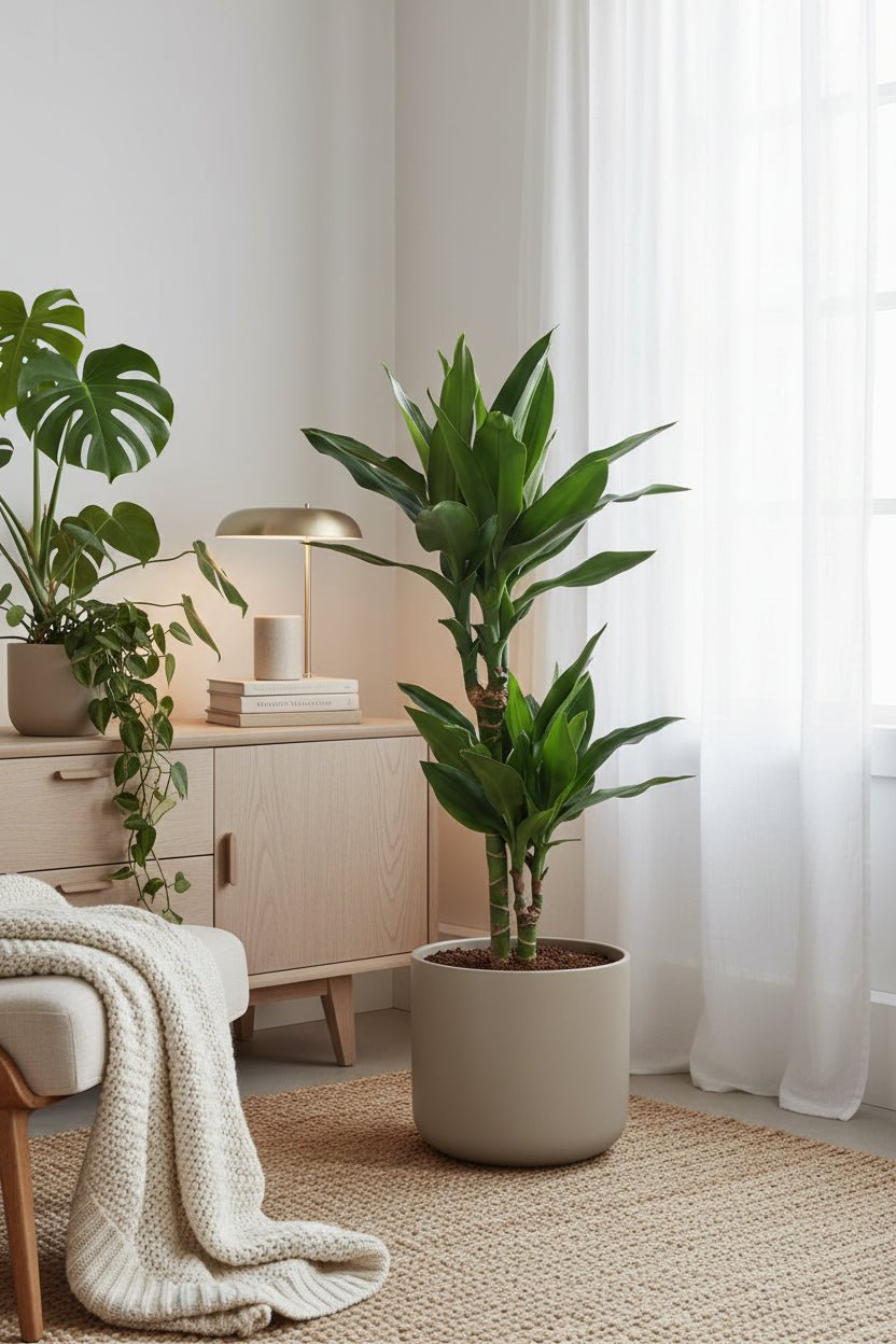 Dracaena Janet Lind, dracena junto à janela na sala de estar, sobre um tapete