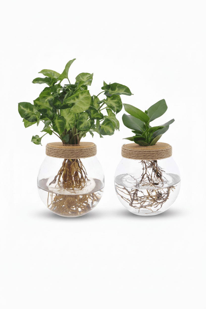 Duet Clusia i Syngonium w szklanym hydroponicznym naczyniu na białym tle