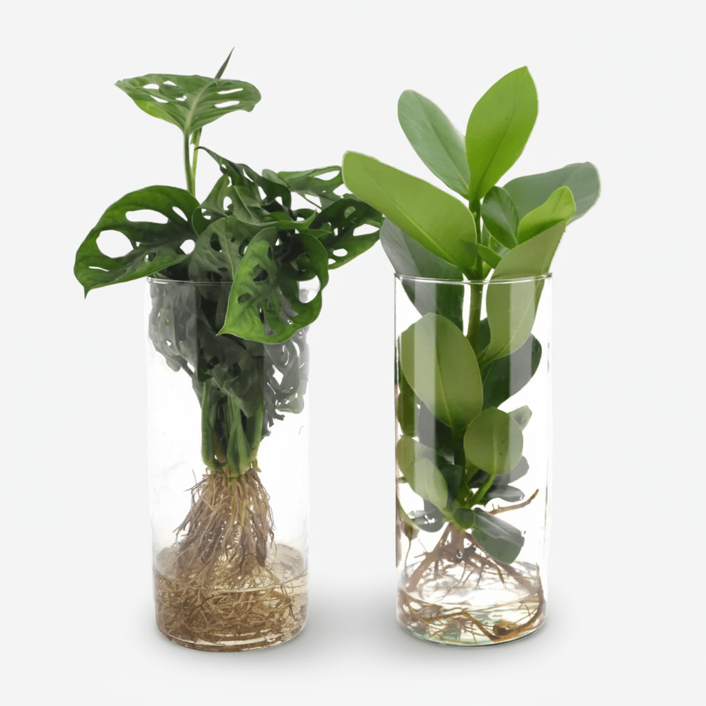 Duo Monstera Adansonii &amp; Clusia (Hydroponisch im Glas) - H25 - 40 cm | Vasen Ø12 cm - Verdeia - 1