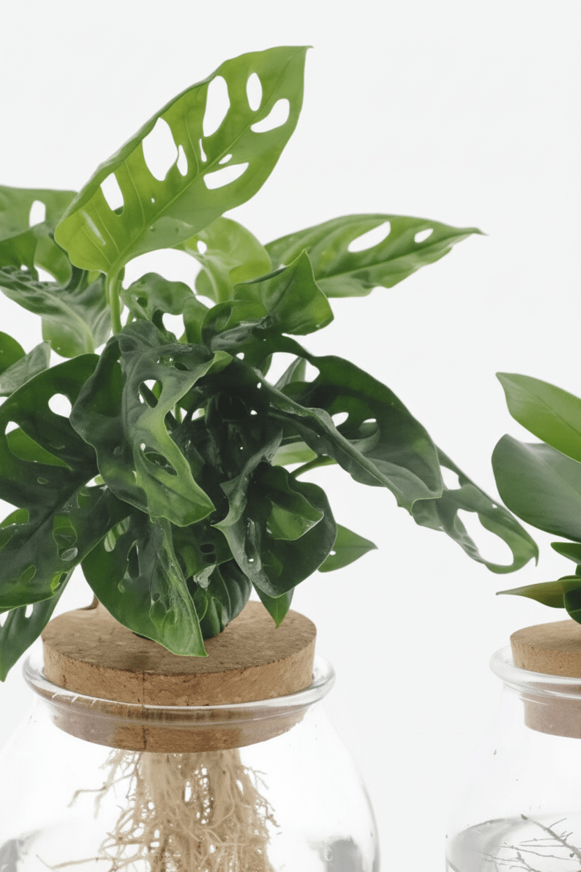 primer plano del follaje del dúo Monstera adansonii y Clusia