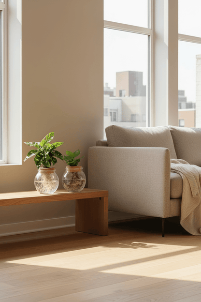 Dúo Monstera adansonii i Clusia instal·lats en un banc al costat del sofà