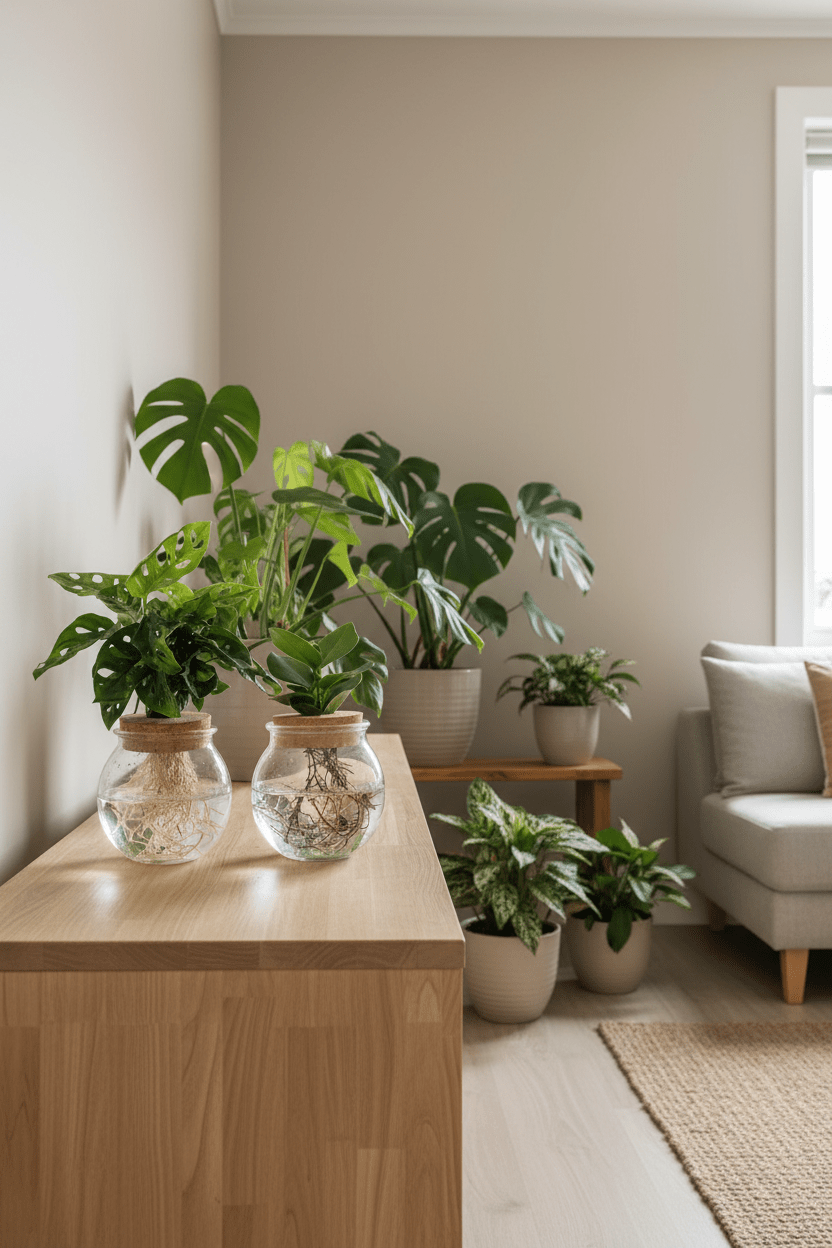 Dúo Monstera adansonii i Clusia instal·lats sobre una còmoda