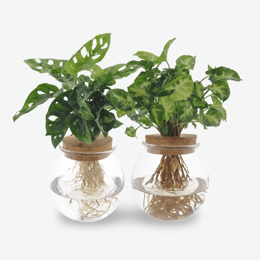 Dúo Monstera adansonii y Syngonium en un jarrón de vidrio sobre fondo blanco