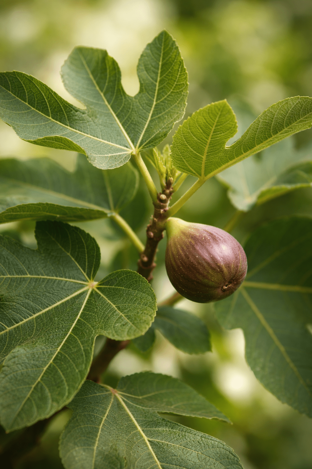 Nærbillede af blade og frugt på Ficus carica Precose De Dalmatie