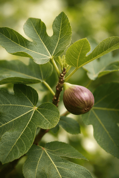Primer plano de las hojas y el fruto del Ficus carica Precose De Dalmatie