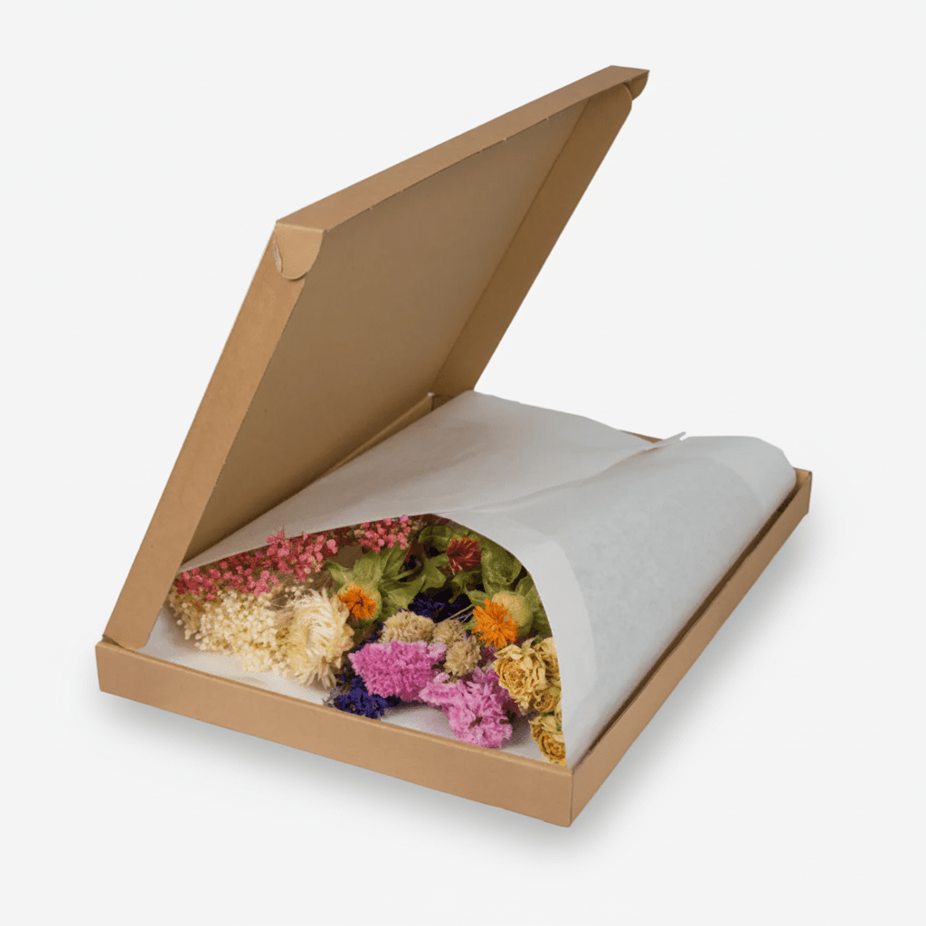 Flores secas en caja, ramo multicolor sobre fondo blanco