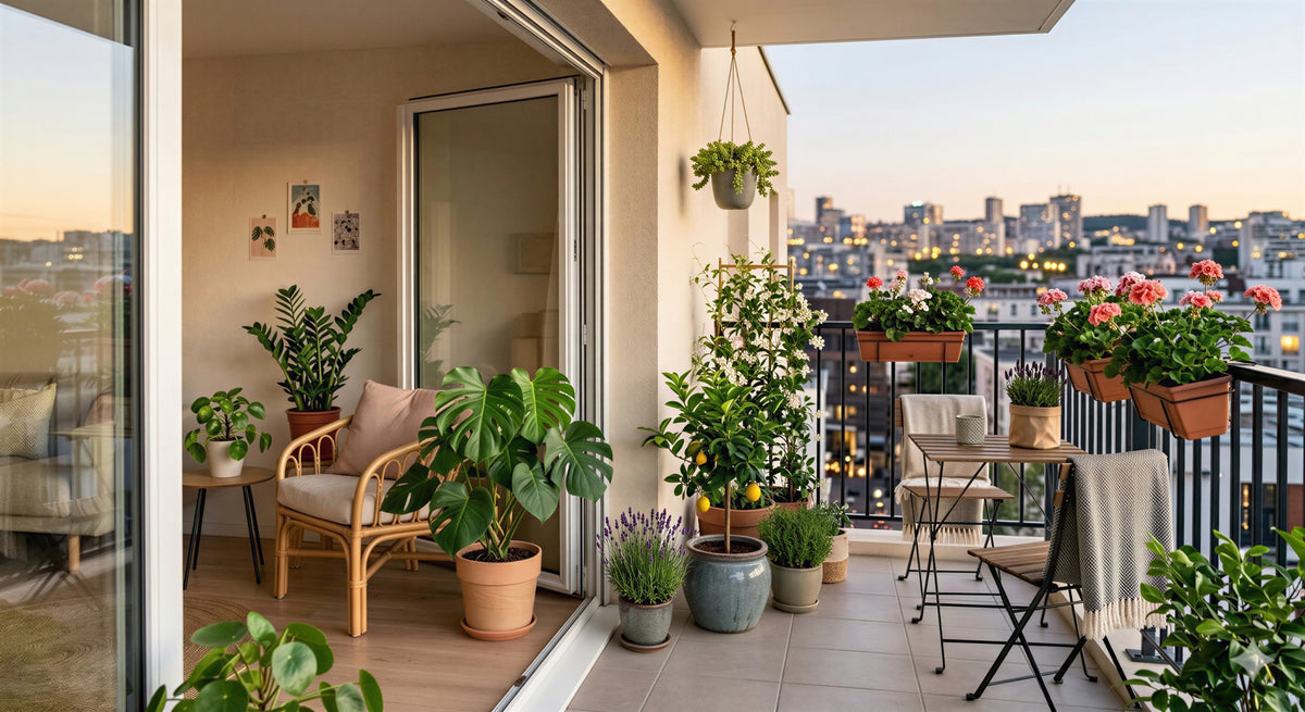 Balcón urbano al atardecer con monstera, limonero, jazmín estrellado, lavanda y geranios, sillón de ratán y vistas a la ciudad
