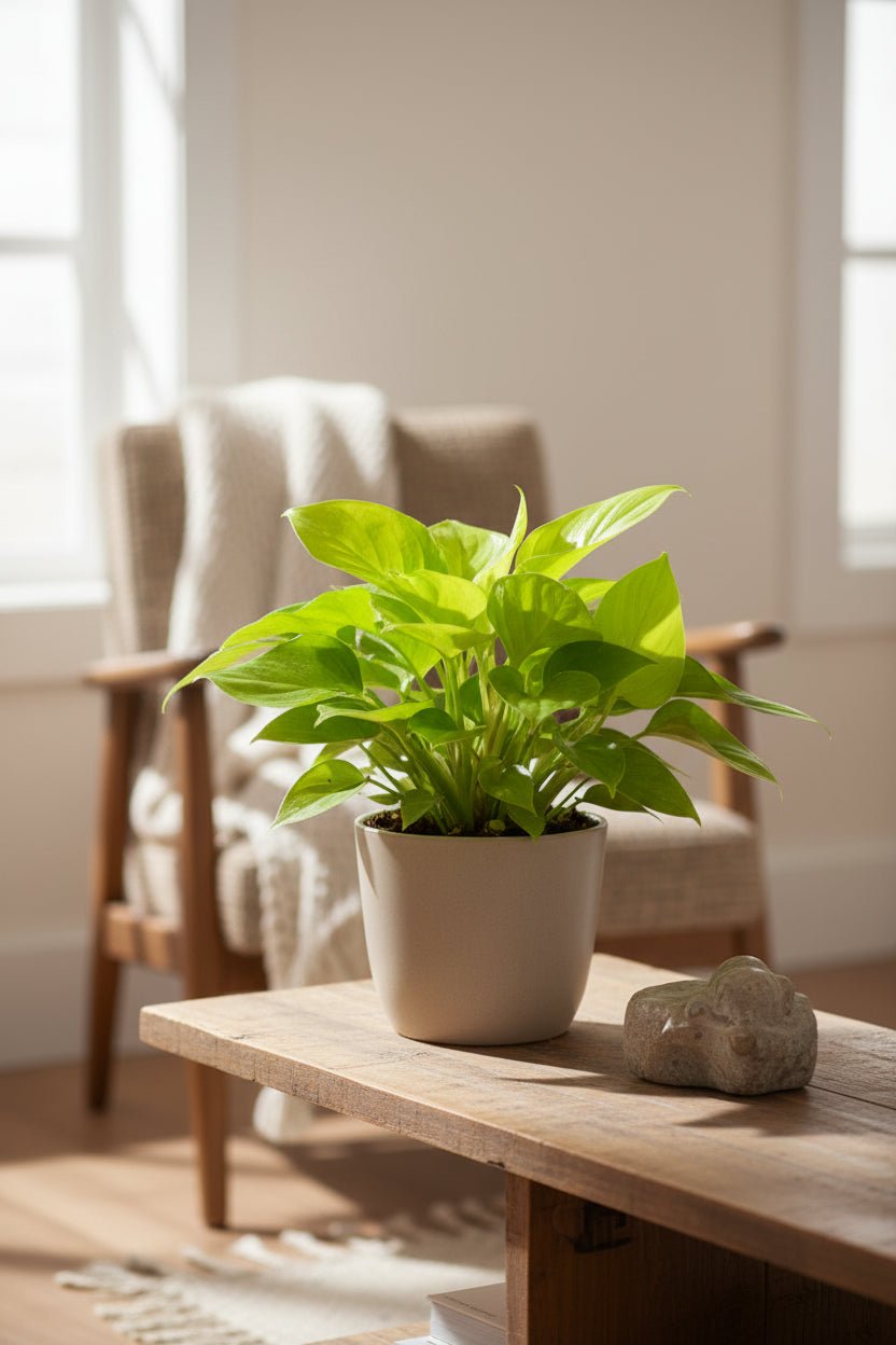 Homalomena Lemon Lime posé dans la lumière dans un salon sur un banc en bois