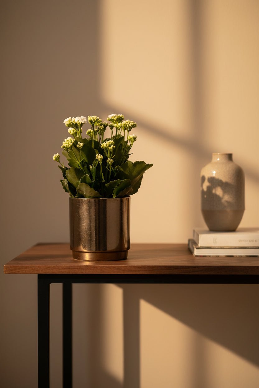 Weiße Kalanchoe — Ø12 x H27 cm — Fertig zum Aufstellen — Bronze-goldene Keramik - Verdeia - 4