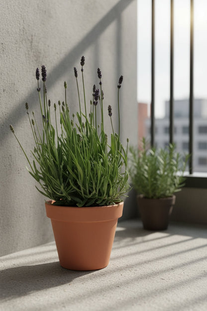 Lavanda Lavandula Hidcote Blue en una maceta de barro en un balcón