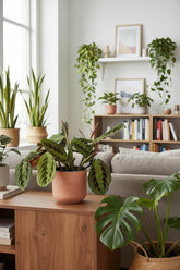 Maranta Leuconeura Fascinator rodeada de muchas plantas en una sala moderna y detrás de un sofá gris