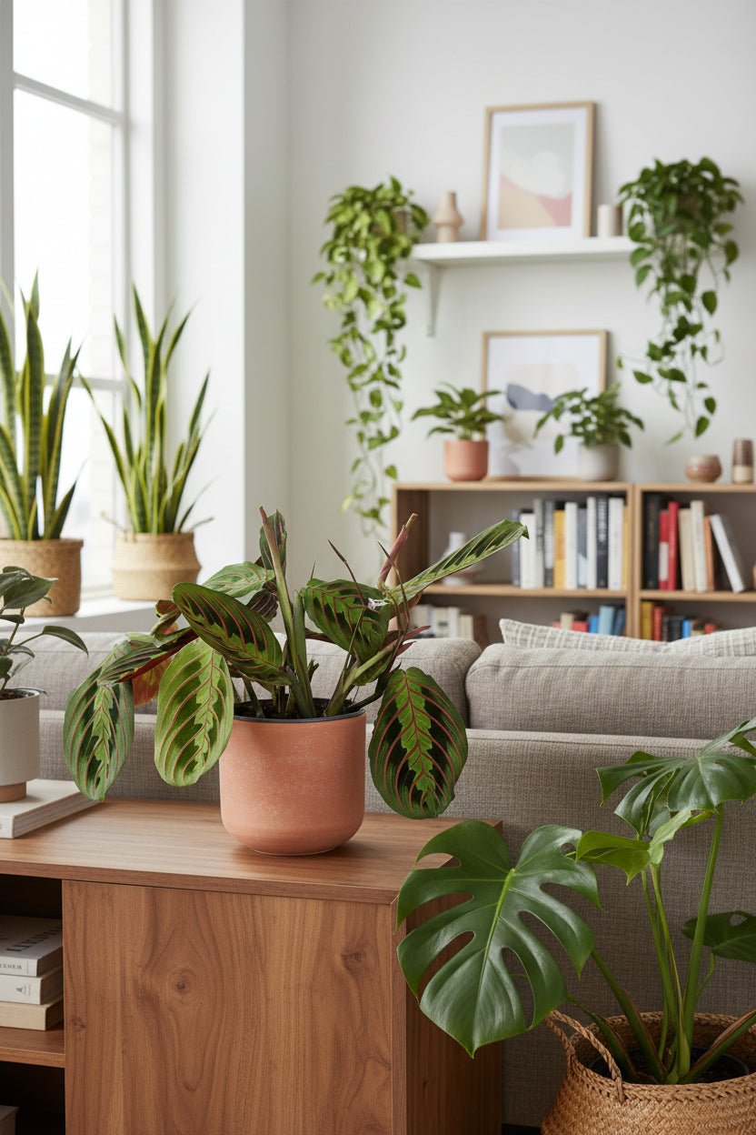 Maranta Leuconeura Fascinator rodeada de muchas plantas en una sala moderna y detrás de un sofá gris
