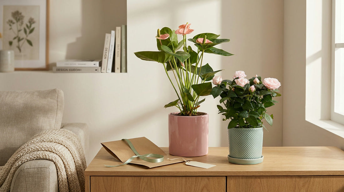 Anthurium rose et rosier nain rose pâle en pots céramique, posés sur un buffet en chêne avec papier kraft et ruban vert sauge, idée de cadeau végétal