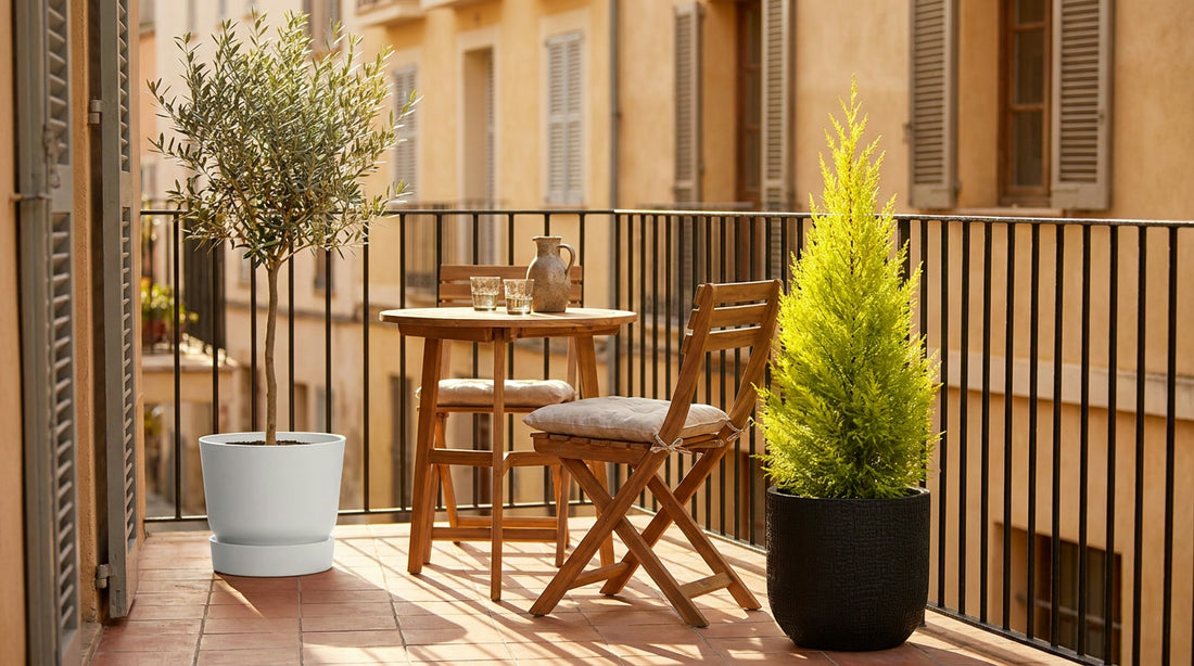 Olivier et cyprès doré Goldcrest Wilma en pots sur un balcon urbain méditerranéen avec chaises en bois et garde-corps en fer forgé