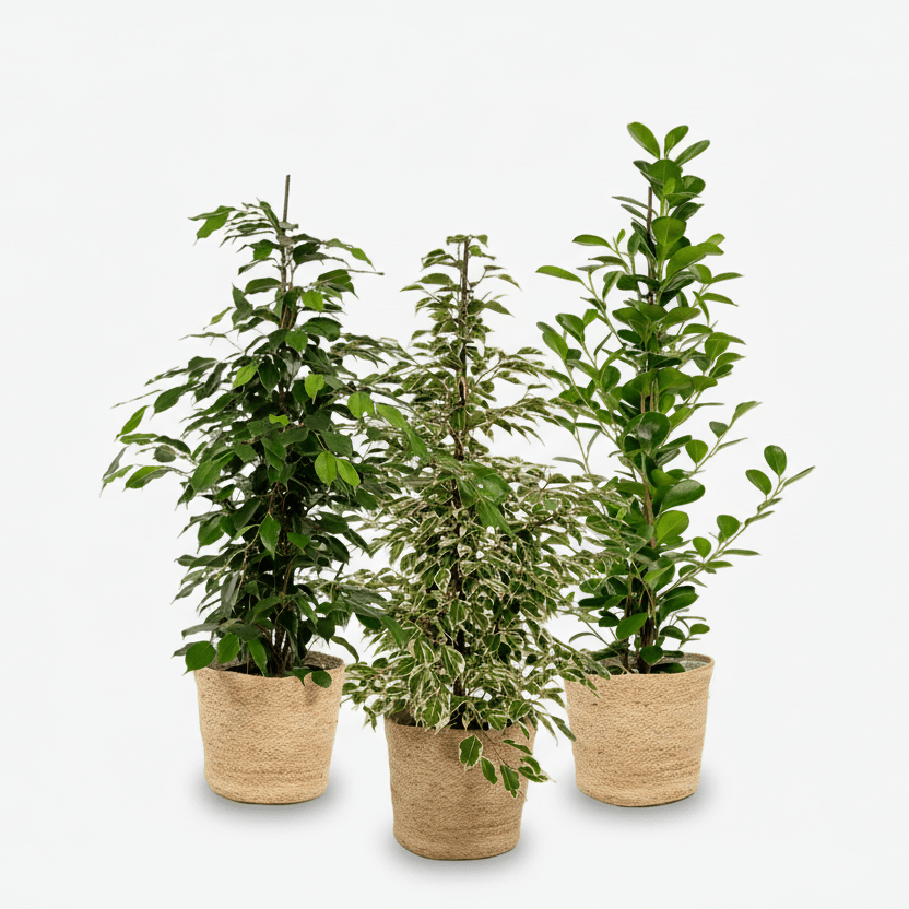 Pack de 3 Ficus con 3 cestas Selin sobre fondo blanco