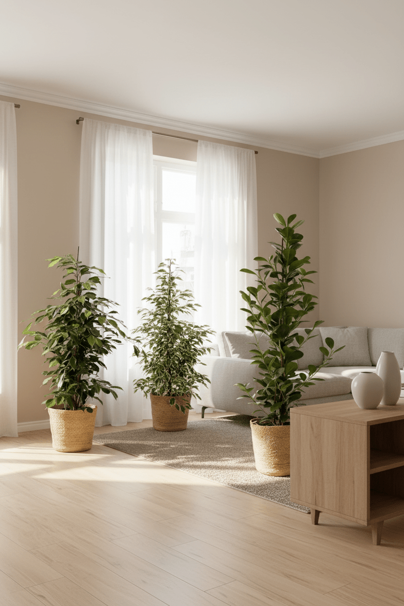 3 Ficus Benjamina Danielle + Benjamina Twilight + Microcarpa Moclame instalados en una sala de estar