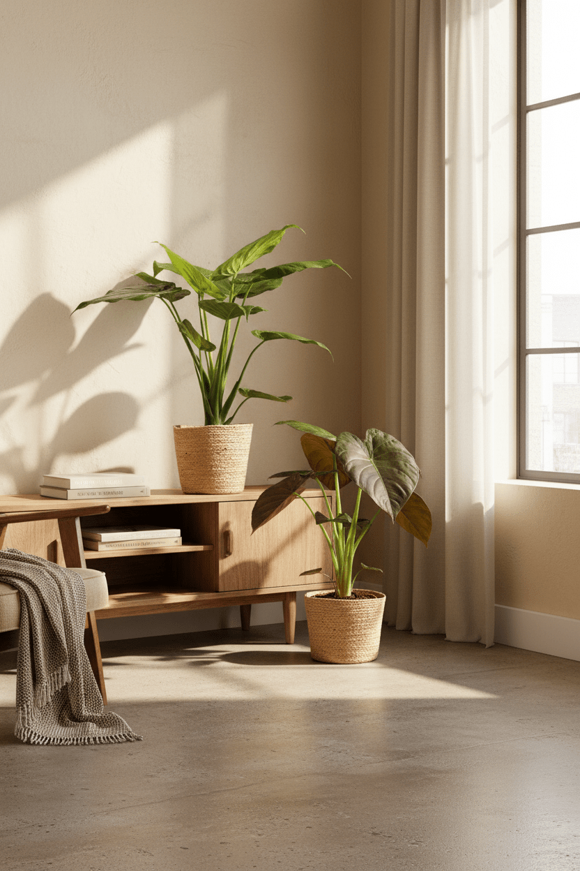 Alocasia Cucullata und Wentii in einem Wohnzimmer neben dem Fenster