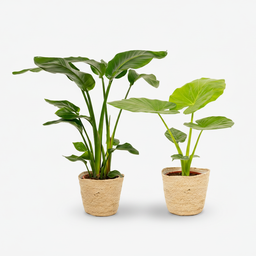 Pack Strelitzia Nicolai y Alocasia macrorrhiza — Listo para colocar — 2 plantas + 2 cestas Selin - Verdeia - 1