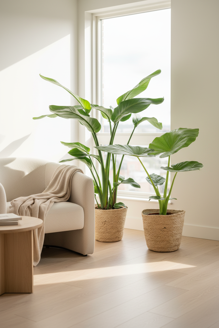 Pack Strelitzia Nicolai y Alocasia macrorrhiza — Listo para colocar — 2 plantas + 2 cestas Selin - Verdeia - 3