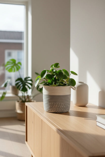 Panier Borneo Gris D14 cm posé sur une console dans un salon