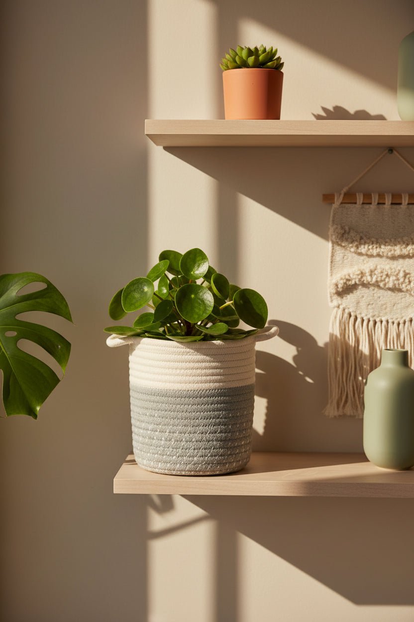 Panier Borneo Gris D14 cm posé sur une étgère avec une plante