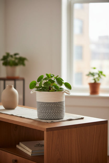 Panier Borneo Gris D14 cm avec une plante posé sur un buffet