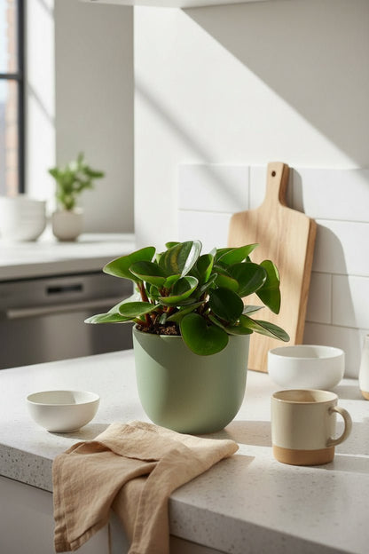 Peperomia Obtipan en una bonica test verd posada sobre la superfície de treball de la cuina