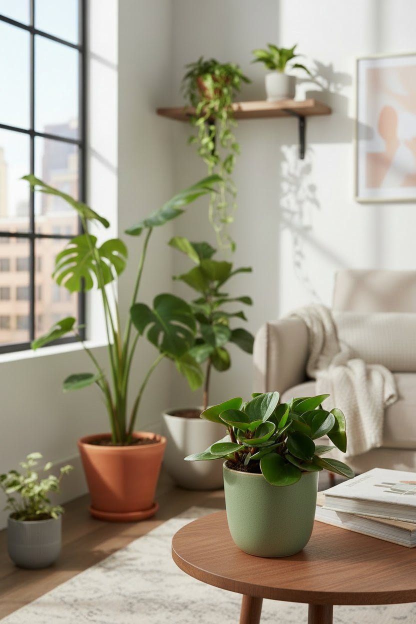 Peperomia Obtipan placeret på et lille bord i den solrige stue