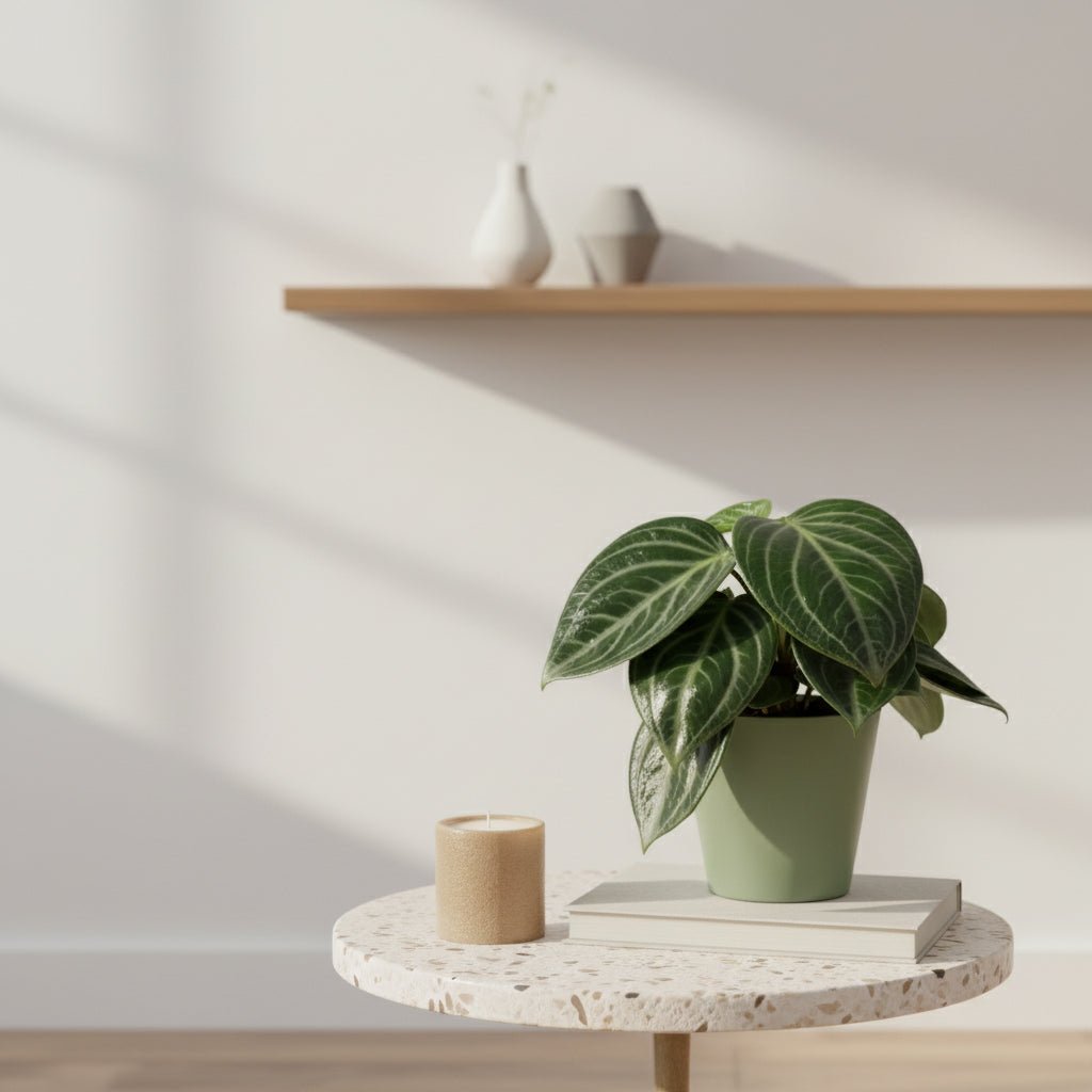 Peperomia sarcophylla op een kleine marmeren tafel naast een kaars