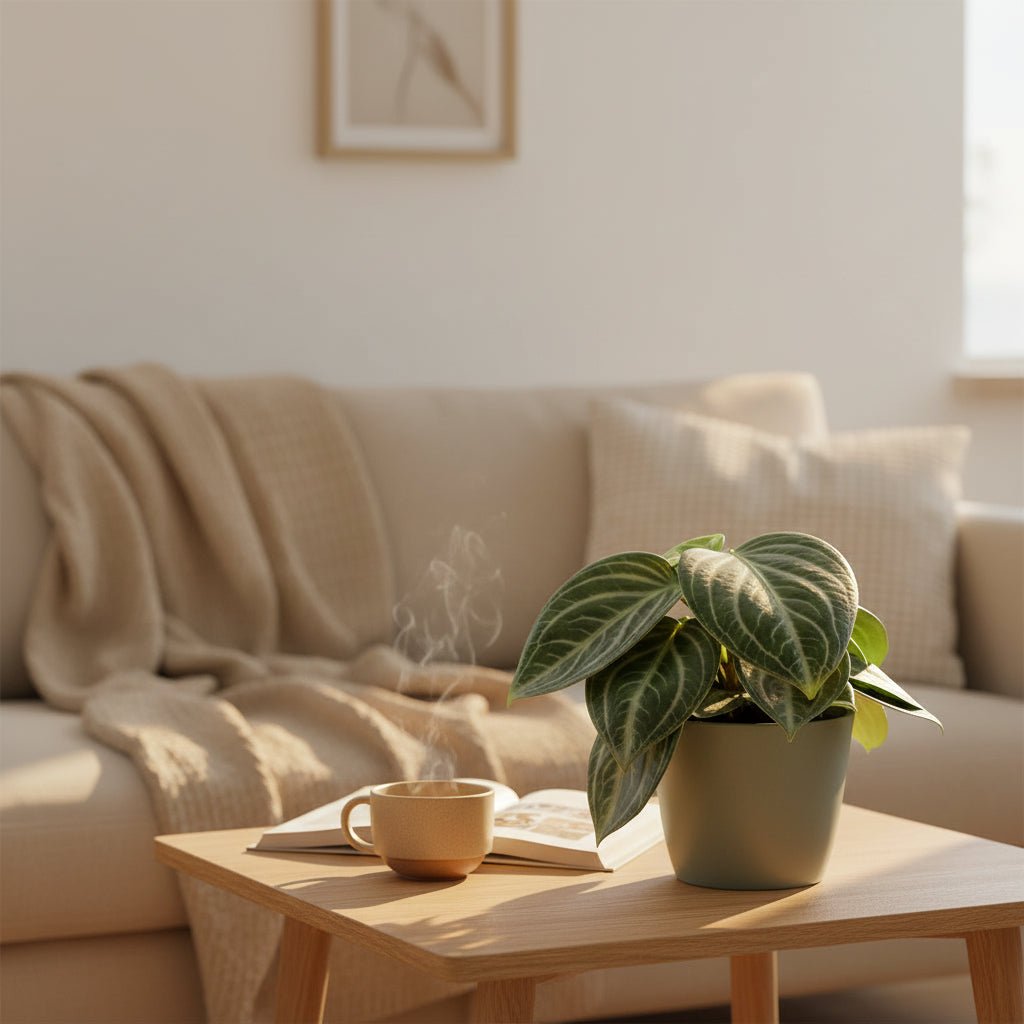 Peperomia sarcophylla op een salontafel naast een koffiekopje