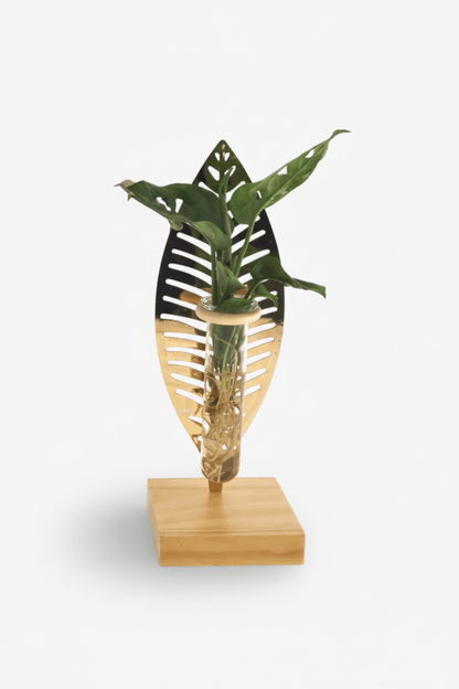 Plante hydroponique — Support feuille dorée et base bois - H10 cm | Ø7 cm - Verdeia - 1