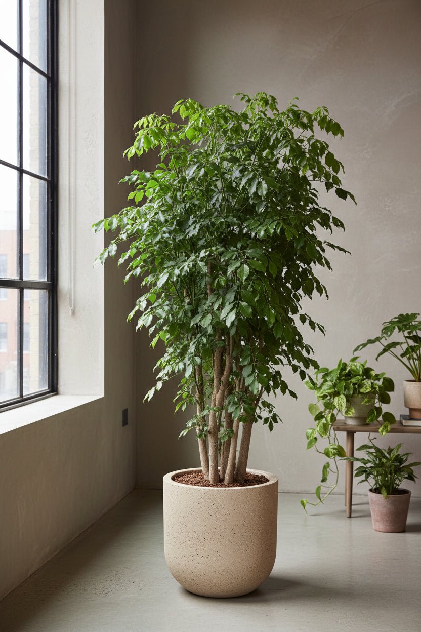 Polyscias Roble, Aralia de interior de gran tamaño colocada cerca de la ventana grande