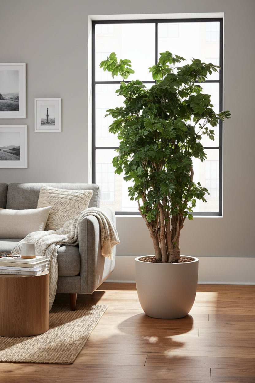 Polyscias Roble, Aralia de interior colocada cerca de la ventana y al lado del sofá gris