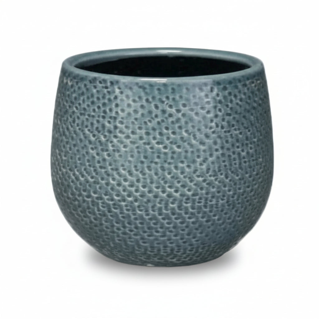 Gabriel decorative pot in blue ceramic, size Ø14 cm, against a white background