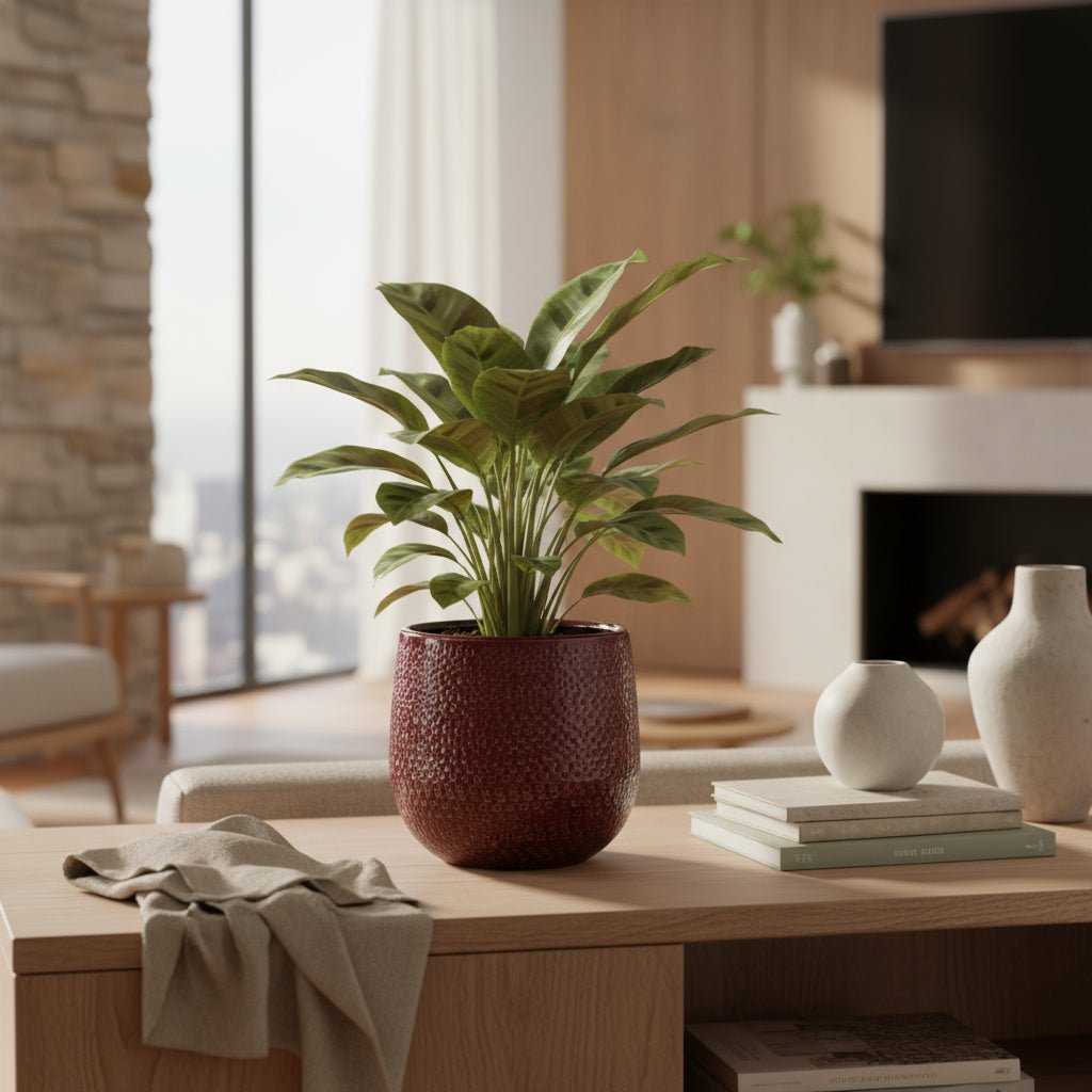 Cache-pot en céramique Gabriel — Bordeaux Ø14 cm posé sur une étagère dans une woonkamer et avec une plante dedans