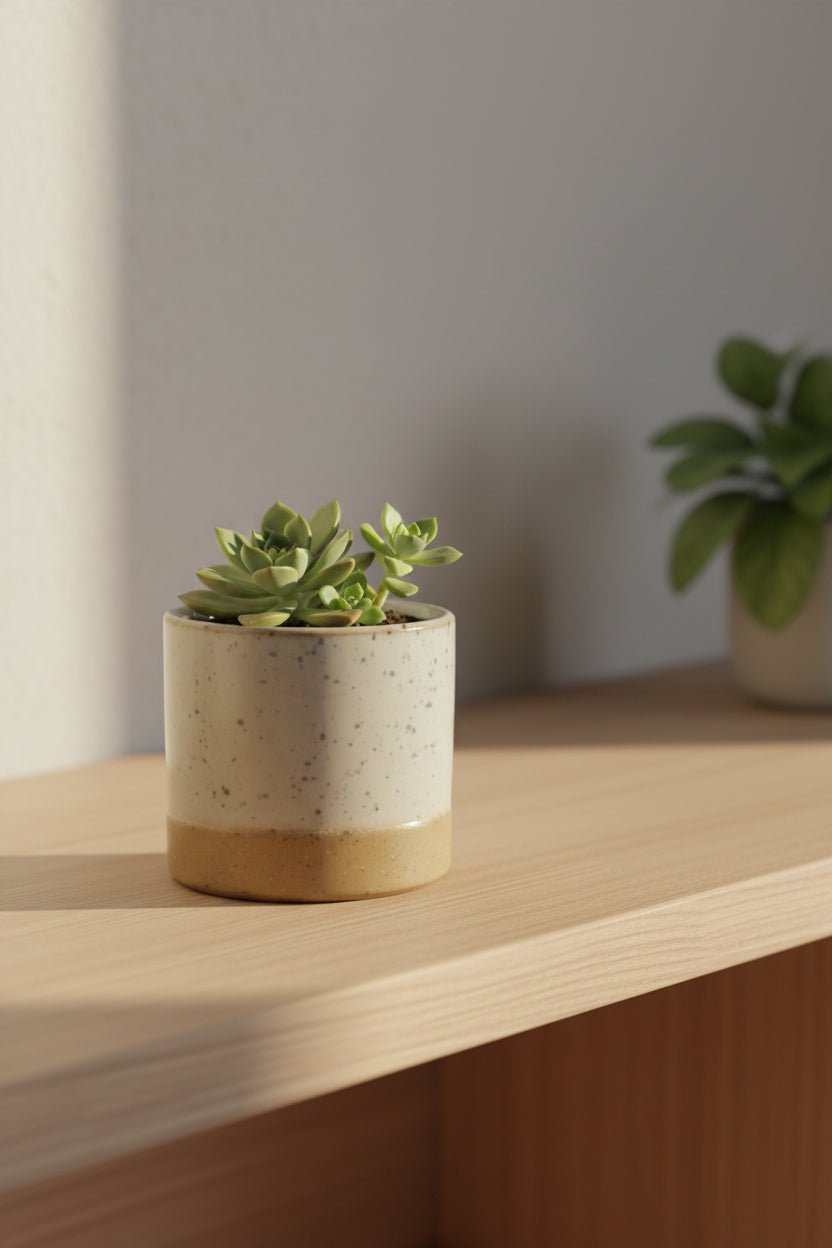Maceta Lago redonda crema al sol sobre un mueble de madera con una suculenta dentro