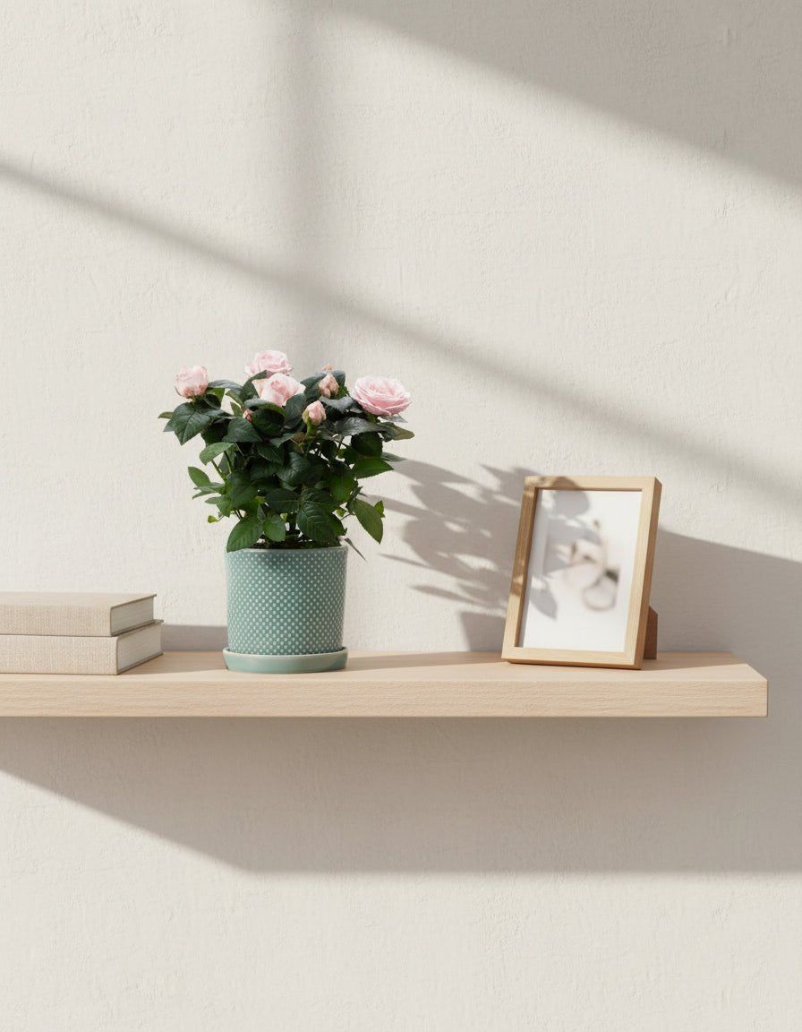 Světle růžová zakrslá růže — Ø12 x H30 cm — Připraveno k umístění — Seladonově zelená keramika - Verdeia - 4