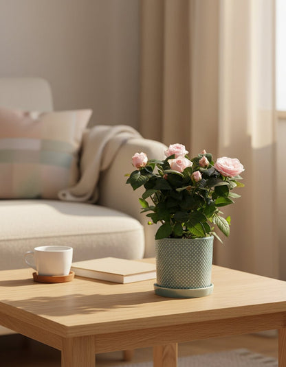 Rosal enano rosa pálido — Ø12 x H30 cm — Listo para colocar — Cerámica azul - Verdeia - 3