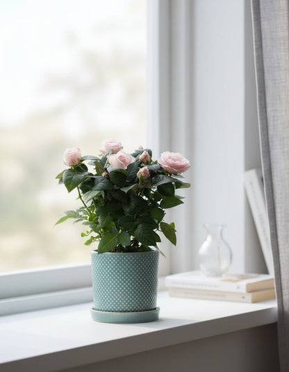 Rosal enano rosa pálido — Ø12 x H30 cm — Listo para colocar — Cerámica azul - Verdeia - 5