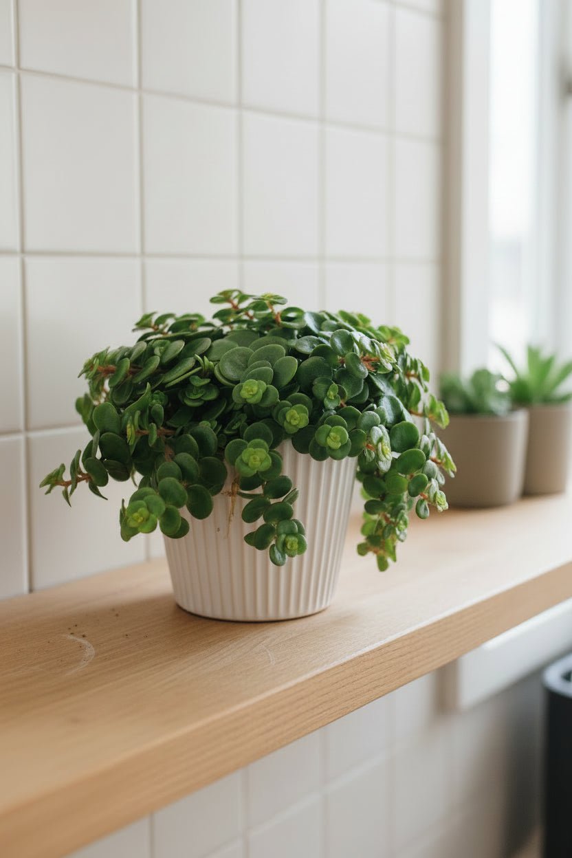 Planta suculenta Sedum Tornado en una maceta blanca sobre una estantería