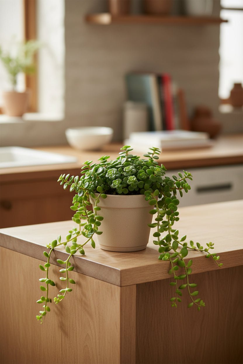 Planta suculenta Sedum Tornado en su maceta beige sobre una encimera de cocina