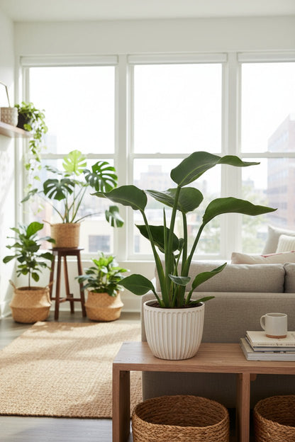 Strelitzia Nicolai pequeño pájaro del paraíso en una bonita maceta de cerámica blanca, colocado sobre una consola detrás de un sofá con otras plantas al fondo