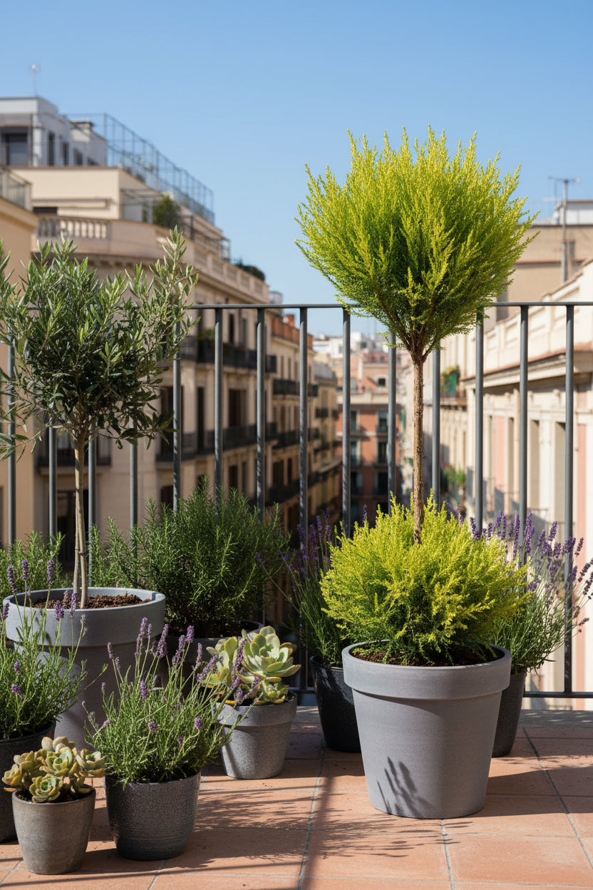 Cupressus Goldcrest Wilma topiaire double boule (Cyprès doré) — H60 cm | Pot Ø14 cm