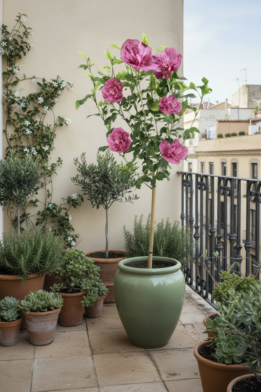 Hibiscus syriacus Magenta Chiffon® na pniu (ketmia syryjska) — H90 cm | Doniczka Ø19 cm