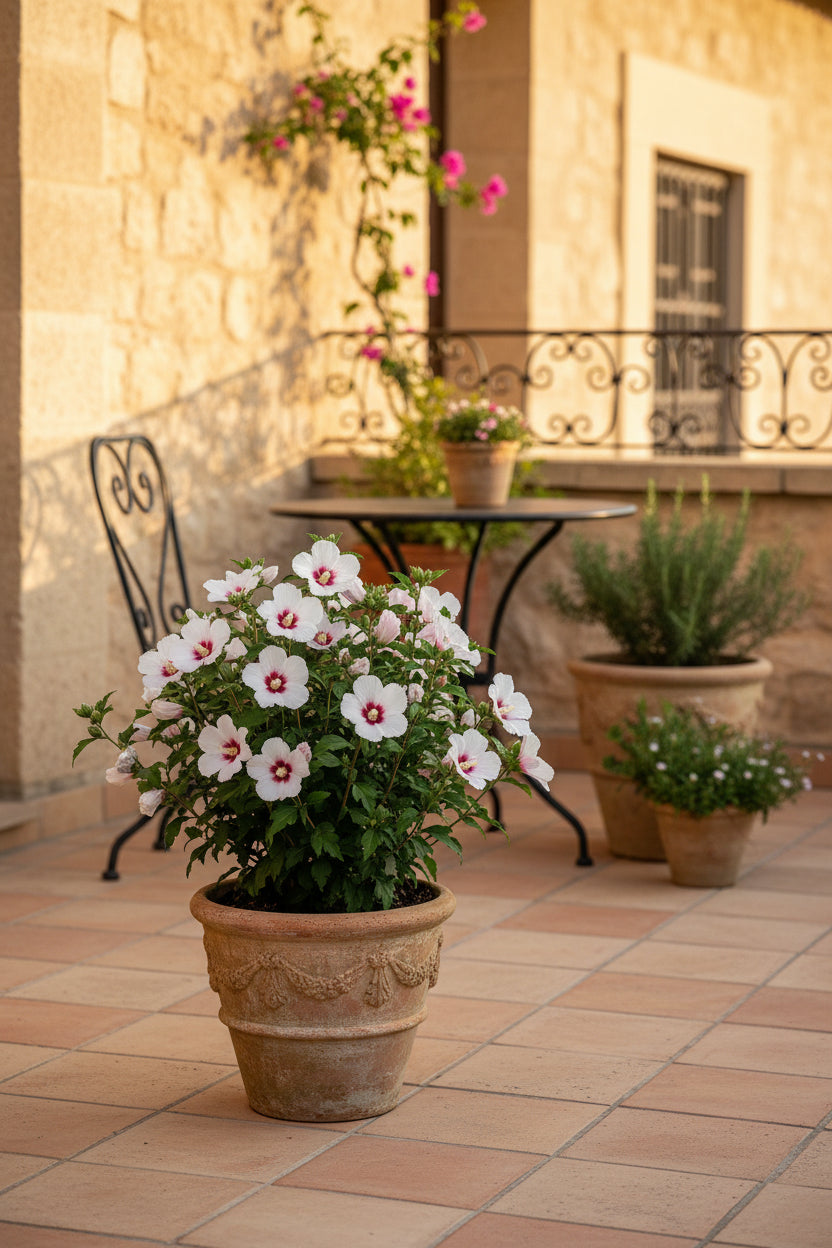 Hibiscus syriacus ‚Hamabo‘ (světle růžový ibišek) H45 cm | Květináč Ø17 cm