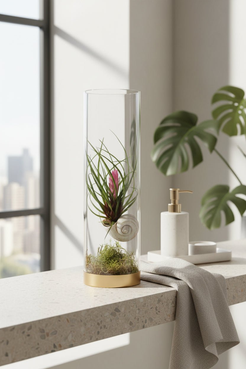 Tillandsia cyanea pink quill in a bathroom in front of a window