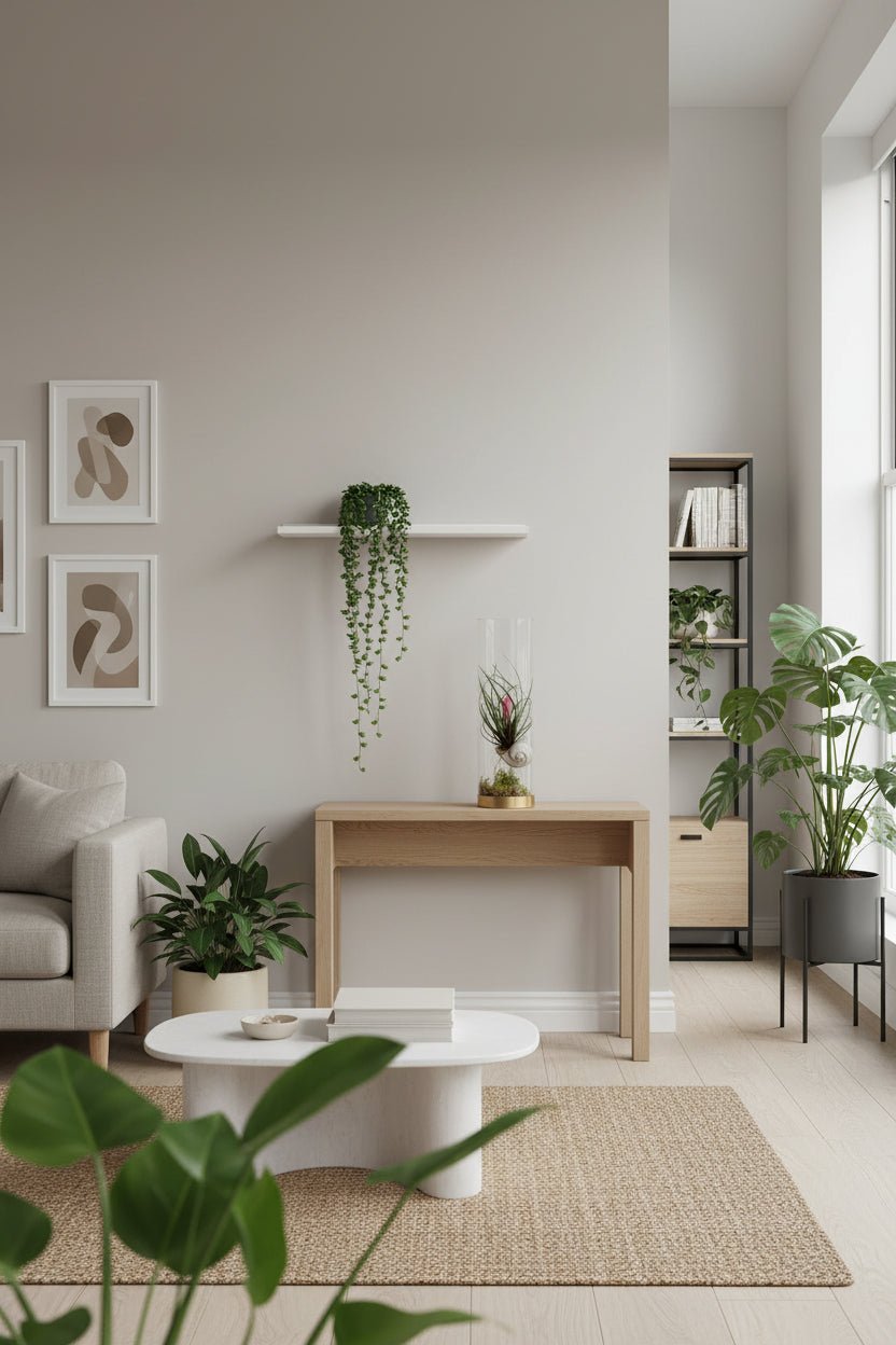 Tillandsia cyanea Plume rosa instalada en una consola en una sala de estar moderna